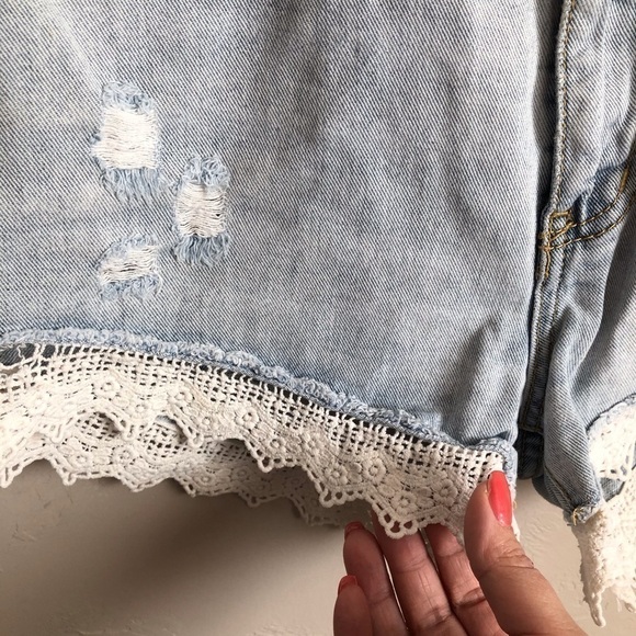 Free People Distressed Crochet Denim Shorts - Picture 3 of 13